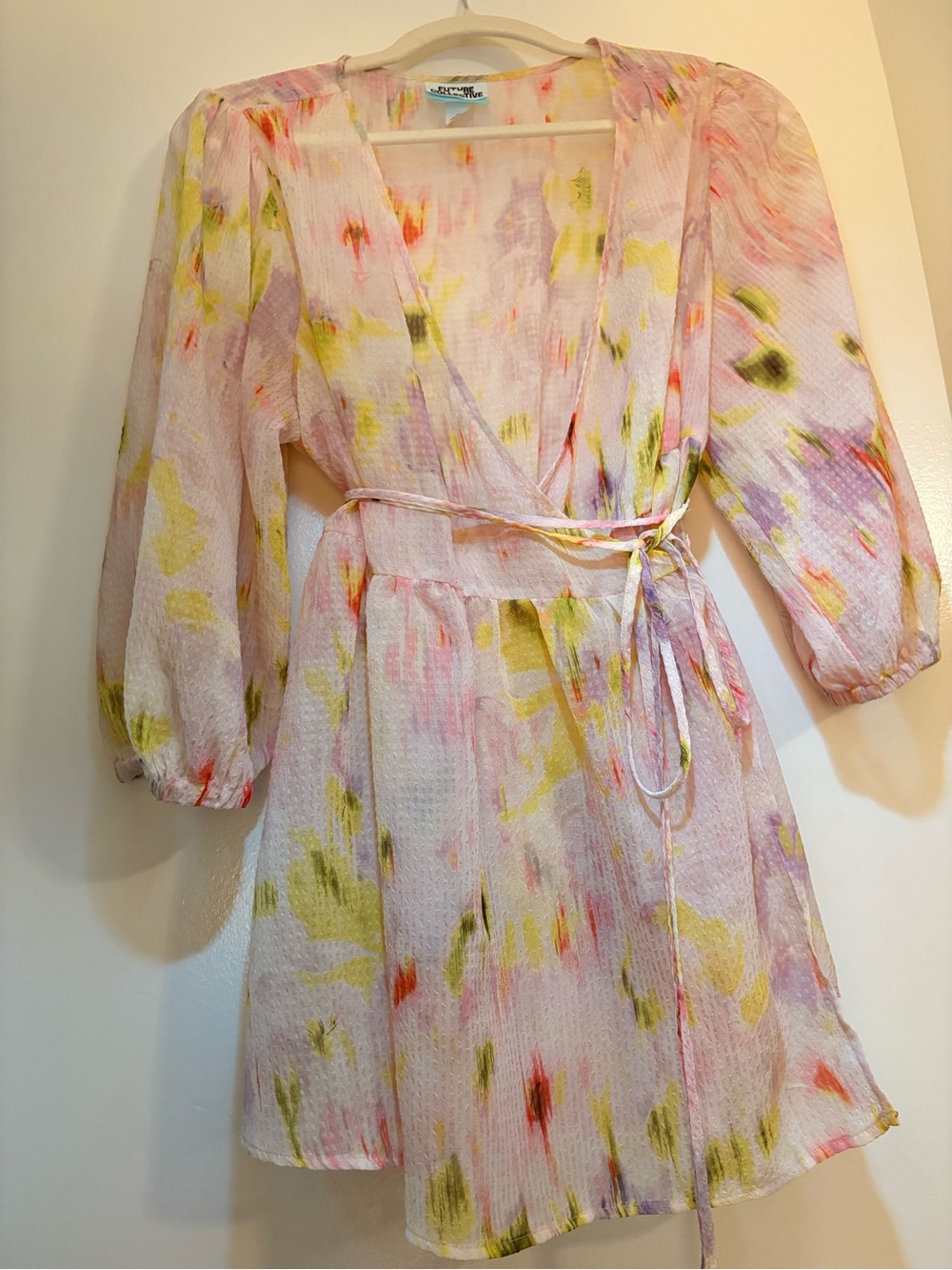 Light Pink Sheer Floral Wrap Dress with Tie Waist